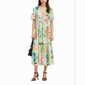 Desigual Nwot Cherry blossom midi Button Up dress Multi Floral Print Size XS